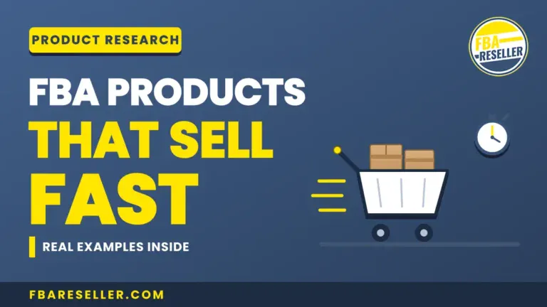 A shopping cart with boxes and a clock; text reads "FBA Products That Sell Fast, Real Examples Inside, Product Research, fbareseller.com"—discover top amazon fba categories and get real examples of amazon fba products that are proven to succeed.