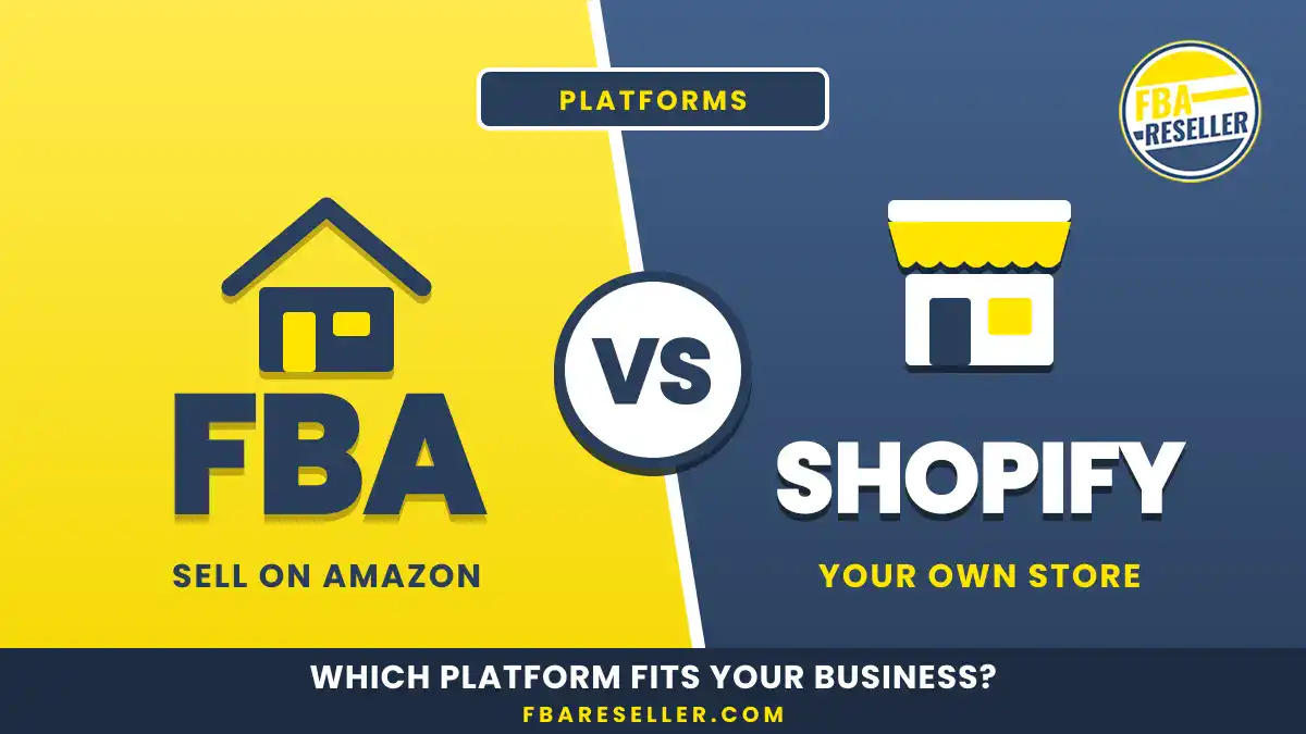 Graphic compares selling on Amazon FBA (left) versus owning a Shopify store (right), with a question asking which platform fits your business best. Perfect for those weighing the pros and cons of Shopify vs Amazon FBA, this visual helps you decide between FBA vs Shopify at a glance.