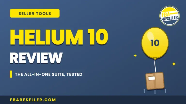 Helium 10 Review graphic with a yellow balloon marked "10" lifting a package, and text promoting an all-in-one seller tool suite featuring powerful Amazon seller tools and product research tools.