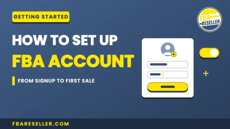 Graphic showing "How to Set Up FBA Account" with a login icon, toggle switch, and fbareseller.com URL on a blue background—perfect for illustrating amazon fba account setup or guiding users through fba seller registration.
