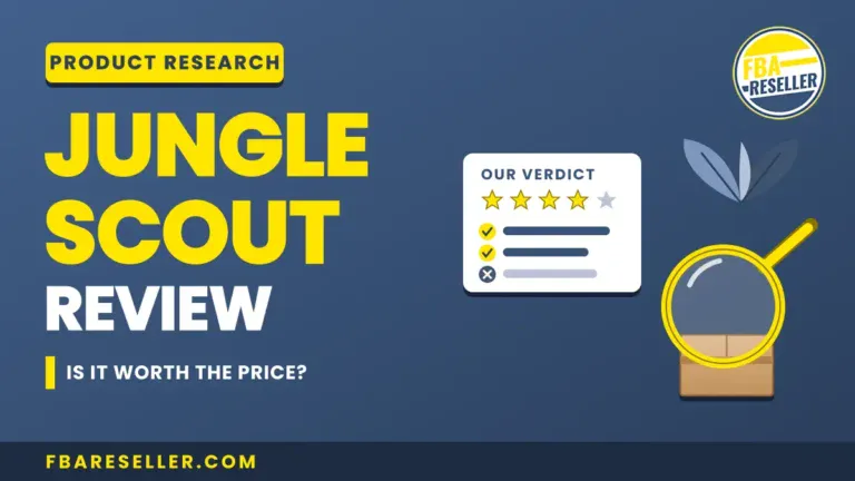 Jungle Scout review banner featuring a product research label, rating card, magnifying glass, and the text "Is it worth the price?" on a blue background — perfect for anyone interested in amazon product research.