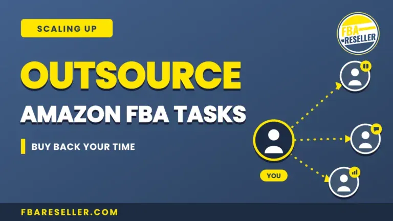Graphic promoting outsource Amazon FBA tasks, featuring icons that illustrate the delegation of responsibilities from "you" to others, such as an amazon fba virtual assistant. The website URL fbareseller.com appears at the bottom.