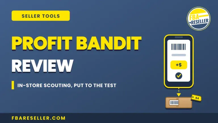 Graphic showing "Profit Bandit Review" with a phone scanning a barcode, emphasizing its role as an amazon scanning app. Dollar symbols and website link fb-reseller.com appear on a blue background, highlighting essential amazon seller tools and the power of barcode scanner profit.