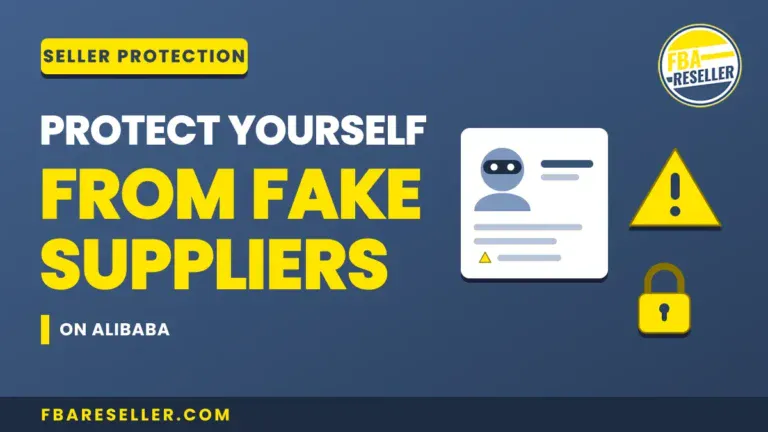 Yellow and white text on a blue background reads “Protect yourself from fake suppliers on Alibaba,” highlighting the importance of Alibaba supplier verification. The design features graphics of a warning sign, padlock, and masked profile to emphasize the risks posed by fake suppliers on Alibaba. Website: fbareseller.com.