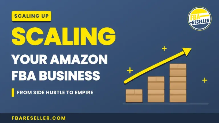 Graphic with "Scaling your Amazon FBA business" text, a growing bar chart with arrow illustrating expand FBA business strategies, and the FBA Reseller logo on a blue background.