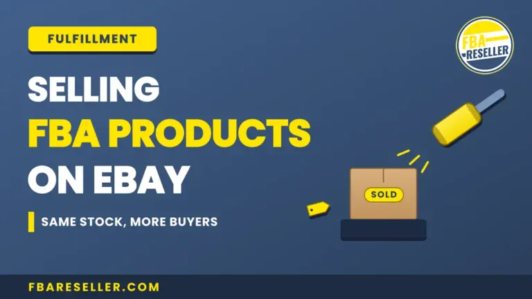 A graphic with text about selling FBA products on eBay, featuring a cardboard box with a "sold" label and a barcode scanner on a blue background, illustrating the concept of cross platform selling.