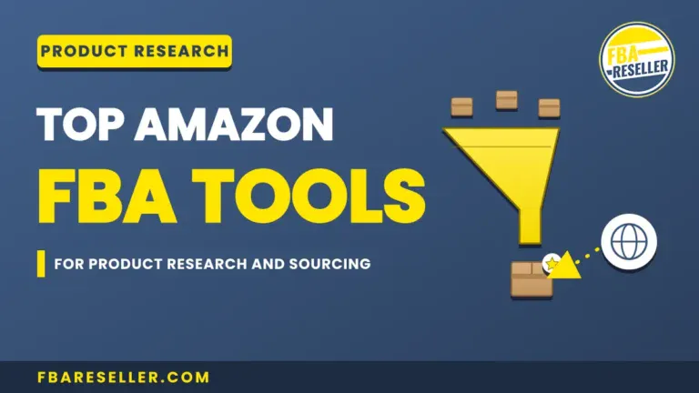 Graphic with text: "Top Amazon FBA Tools for Product Research and Sourcing," featuring a funnel icon filtering boxes, FBA Reseller branding, and a visual nod to the best FBA research software—highlighting essential amazon product sourcing tools for entrepreneurs.