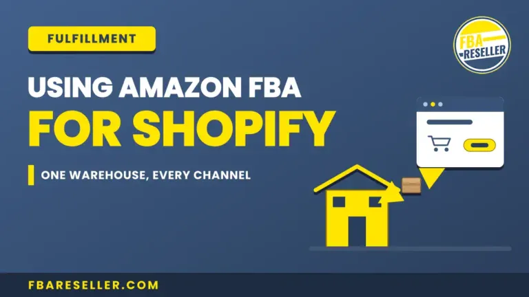 Graphic with text promoting using Amazon FBA for Shopify through seamless Shopify Amazon FBA integration, featuring a warehouse icon and shipping box. Includes website fbareseller.com and the FBA Reseller logo, highlighting the benefits of Amazon fulfillment for Shopify stores.