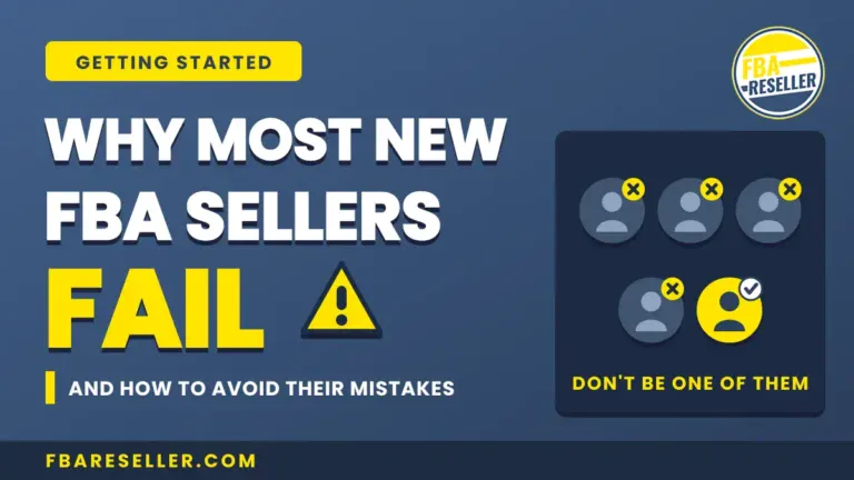 Graphic with text: "Why Most New FBA Sellers Fail and How to Avoid Their Mistakes." Includes icons of failed sellers and a highlighted successful seller, illustrating the pitfalls of Amazon FBA business and providing insights on how to avoid Amazon FBA failure.