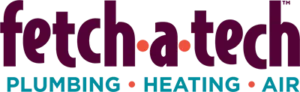 Fetch‑A‑Tech logo featuring friendly burgundy and orange lettering, with “Plumbing • Heating • Air” in welcoming blue and gray beneath—proudly serving the Las Vegas community with honest, family-owned service focused on your comfort and peace of mind.