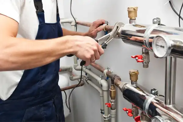 A friendly Fetch‑A‑Tech plumber in blue overalls adjusts metal pipes and valves with a wrench, ensuring the building’s plumbing system runs smoothly. Providing honest, family-owned service to our Las Vegas neighbors, we’re here to keep your home comfortable and worry-free.