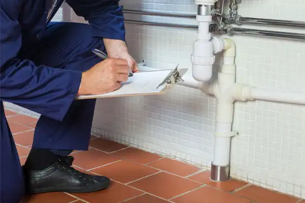 A friendly Fetch‑A‑Tech technician, dressed in uniform, carefully inspects white plumbing pipes against a tiled wall in a Las Vegas home. Kneeling and taking helpful notes on a clipboard, they provide honest, family-owned service dedicated to your comfort and peace of mind.