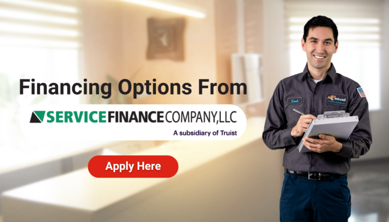 A friendly Fetch‑A‑Tech technician smiles warmly while holding a clipboard, highlighting our flexible financing options from Service Finance Company, LLC. A red "Apply Here" button makes it easy for Las Vegas families to get started. We're here to help make your home more comfortable—every step of the way.