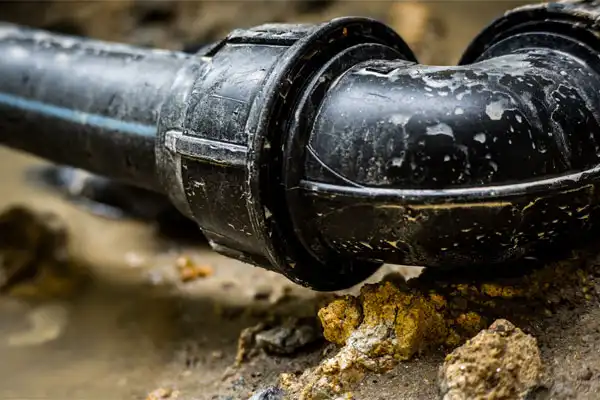 Close-up view of a black plastic pipe with a curved elbow joint, partially covered in dirt and nestled among soil and small rocks—just the kind of underground plumbing work Fetch‑A‑Tech expertly handles for our Las Vegas neighbors. Our family-owned team is here to keep your home comfortable and running smoothly, no matter what’s happening below ground.