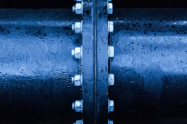 Close-up of a large blue metal pipe joint, securely fastened with bolts and lightly covered with water droplets—demonstrating the reliable plumbing work Fetch‑A‑Tech provides for homes and businesses in Las Vegas, always focused on your comfort and peace of mind.