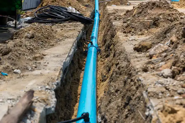 A bright blue water pipe is carefully installed in a neatly dug trench, ready to bring reliable plumbing to a Las Vegas home. At Fetch‑A‑Tech, our family-owned team takes pride in providing honest, helpful service that keeps your household comfortable and worry-free.