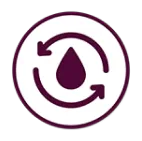A friendly, circular icon featuring a dark water droplet surrounded by two arrows, representing liquid recycling and circulation. Set against a clean white background with a bold dark border, this symbol reflects Fetch‑A‑Tech’s commitment to honest, helpful plumbing service for comfortable Las Vegas homes and families.