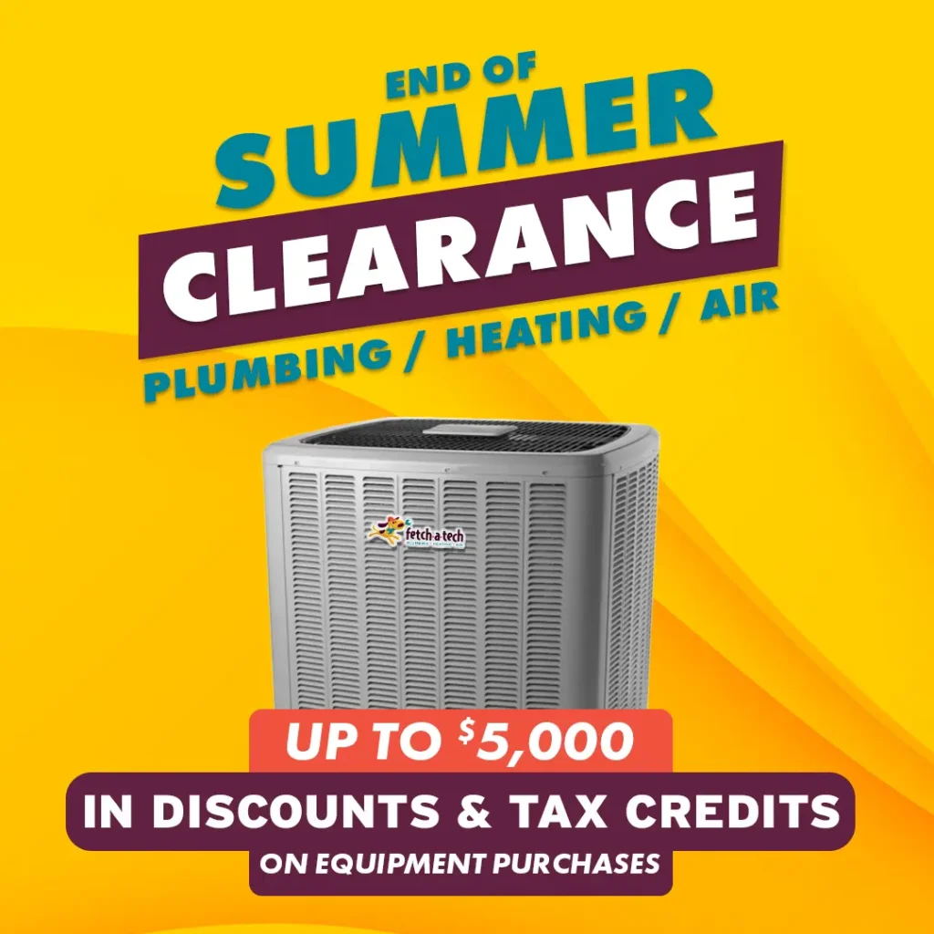 Air conditioning unit with text inviting Las Vegas families to save up to $5,000 on plumbing, heating, and air—call Fetch‑A‑Tech!.