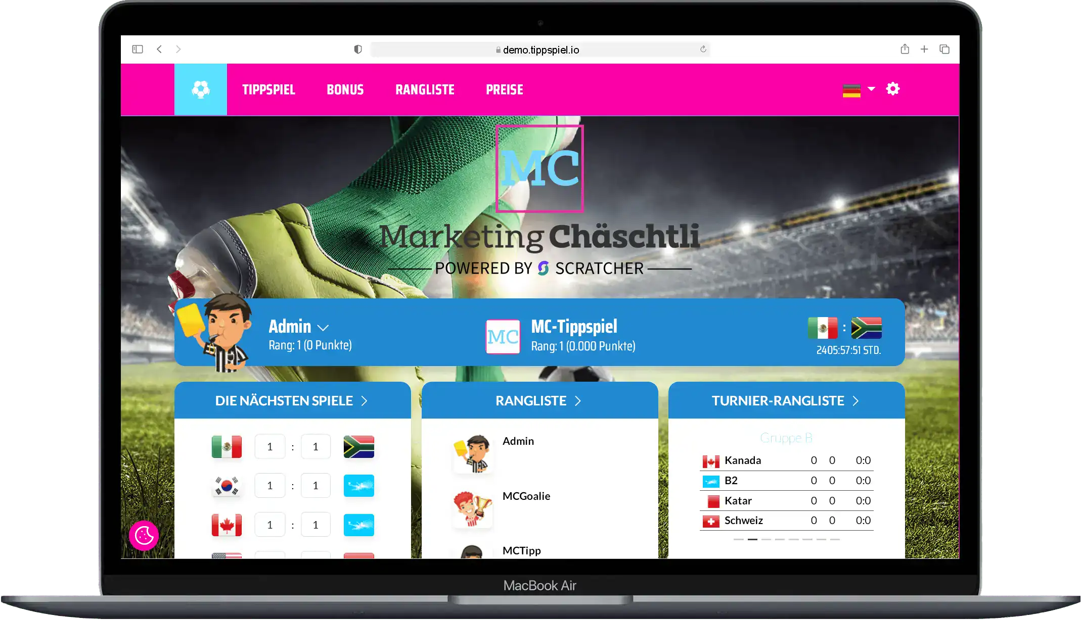 Screenshot eines Fußball Tippspiels mit Rangliste und Spielübersicht auf einer Webseite.
