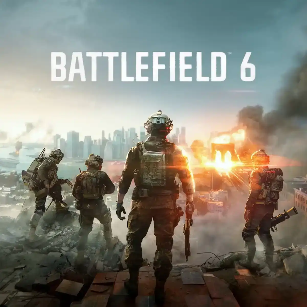 Advanced military soldiers battling in a cityscape with explosions in Battlefield 6 game.