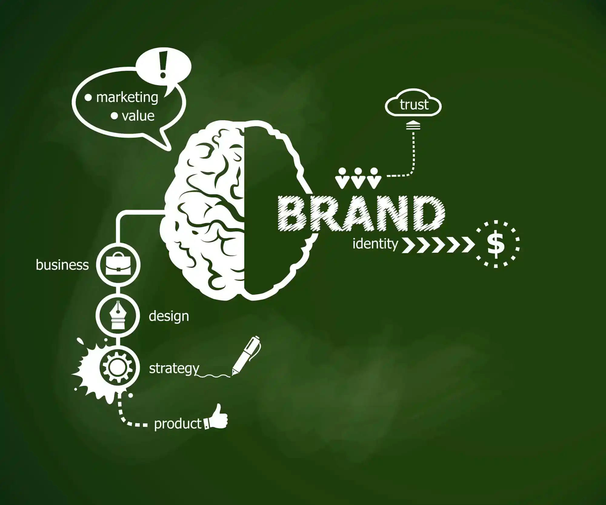 Branding concept and brain. Hand writing Branding with chalk on green school board