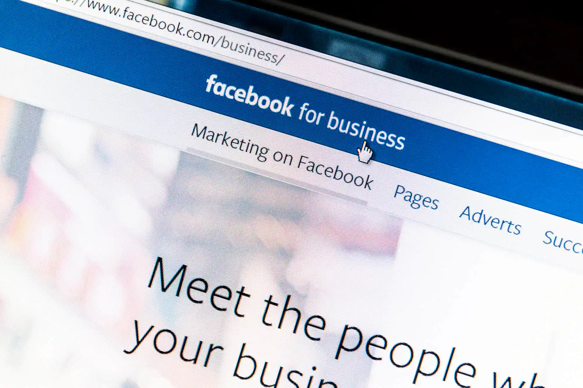 Ostersund, Sweden - Feb 5, 2015: Close up of Facebook for business webpage on a computer screen. Facebook is the largest social media network on the web.