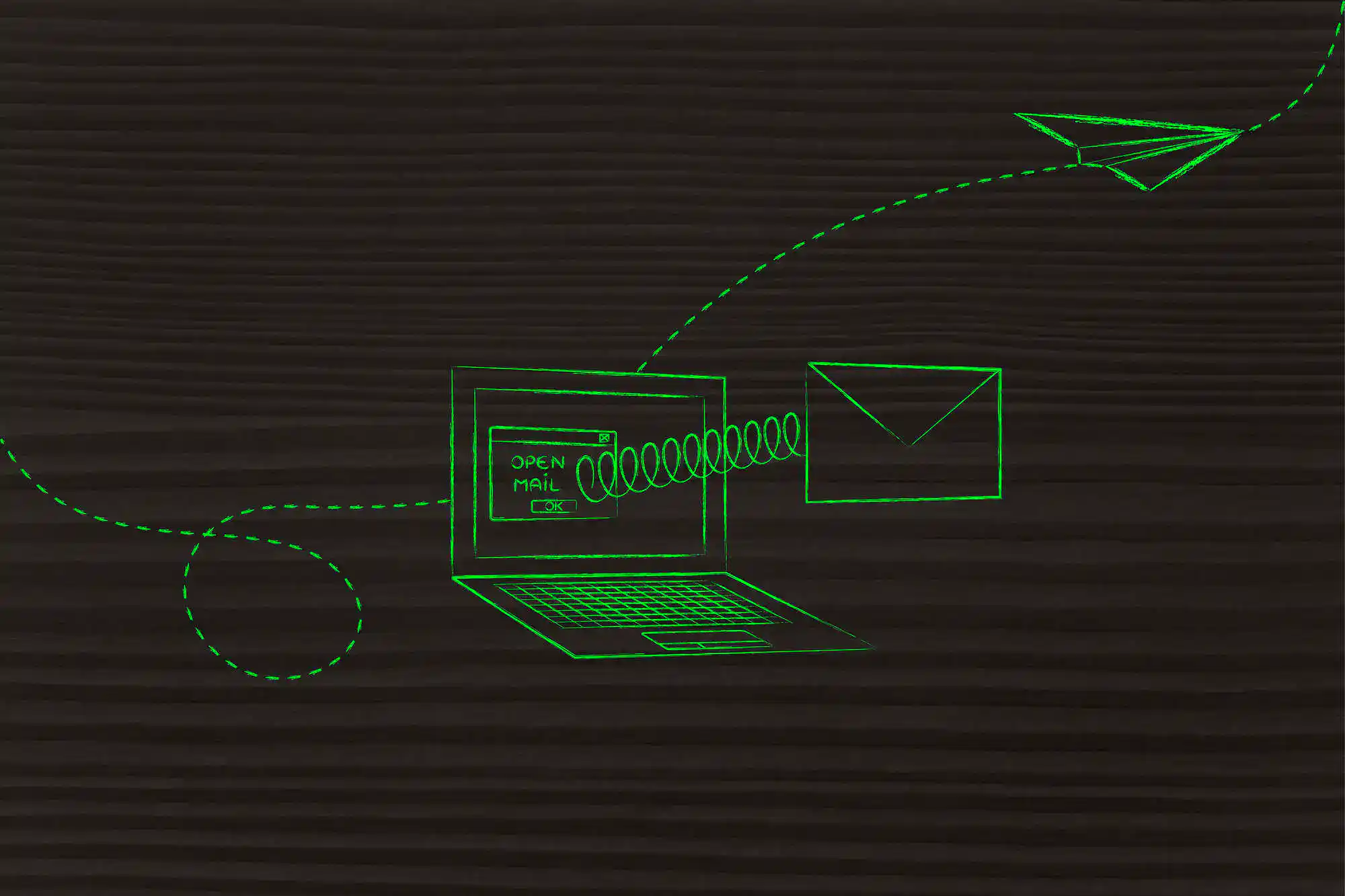 email coming out of laptop screen with a spring and paper airplane flying away