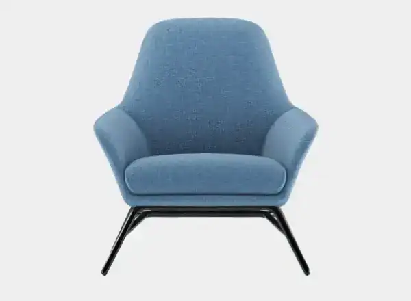 Blue upholstered office armchair with black metal legs.