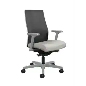Black and gray ergonomic office chair with adjustable armrests.