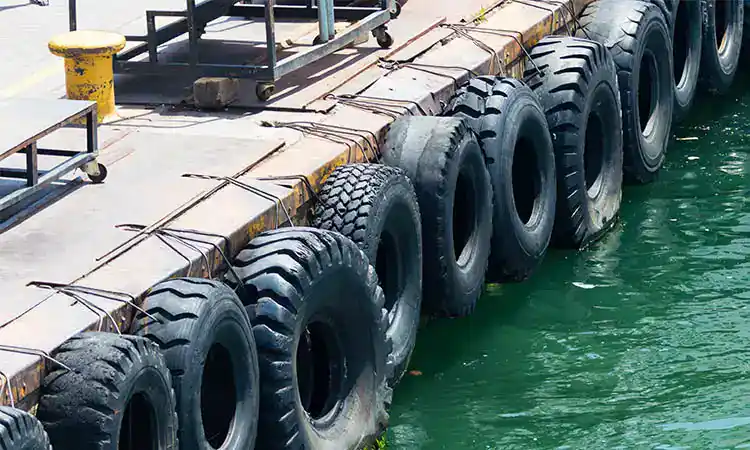 Tires lined up along the dock at Hall's Sport Center, showcasing durable tires for boats and trucks.