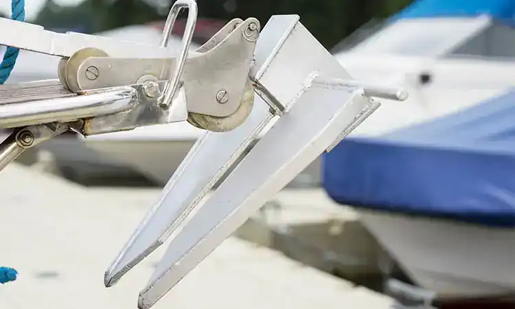 Close-up of a boat anchor system at Hall's Sport Center marina. Perfect for boating, fishing, and water sports enthusiasts.