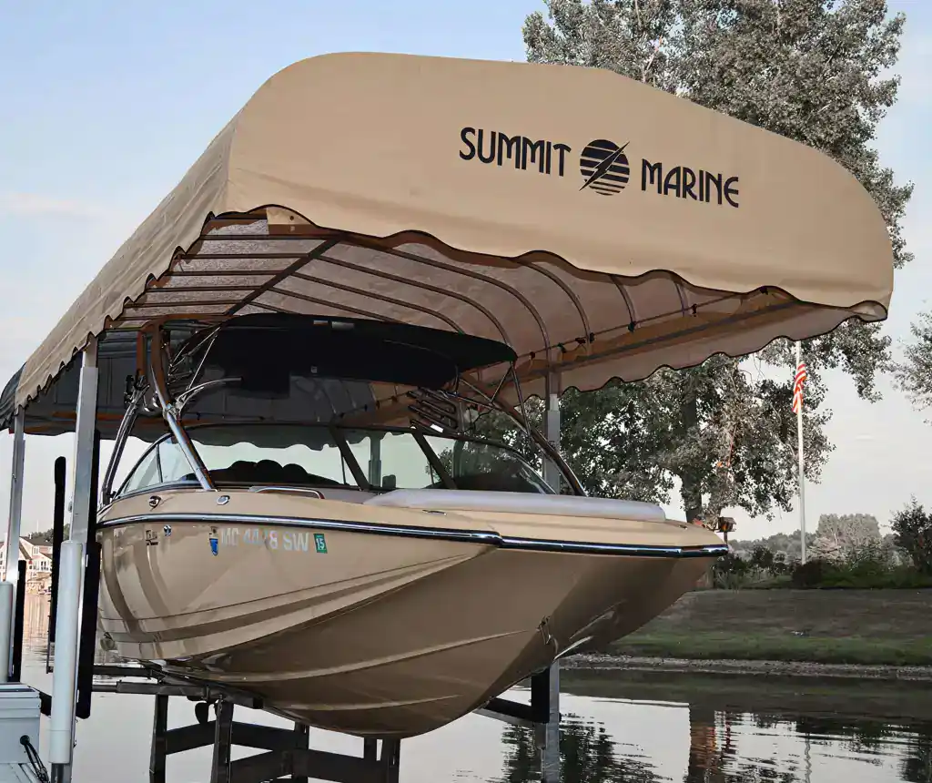 Bright image of a high-end boat with a stylish Summit Marine canopy on display.