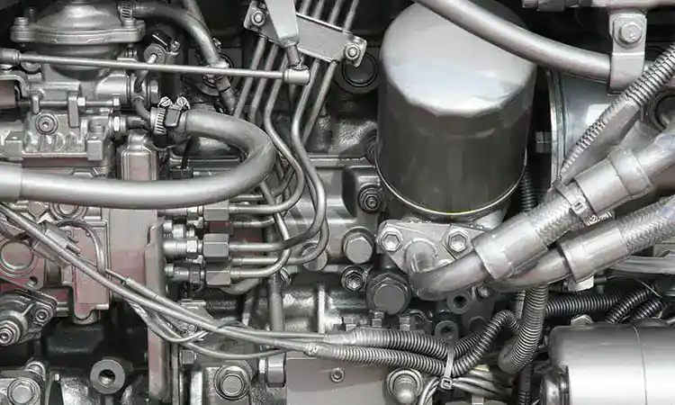 Close-up of industrial engine components with metal pipes and mechanical parts.