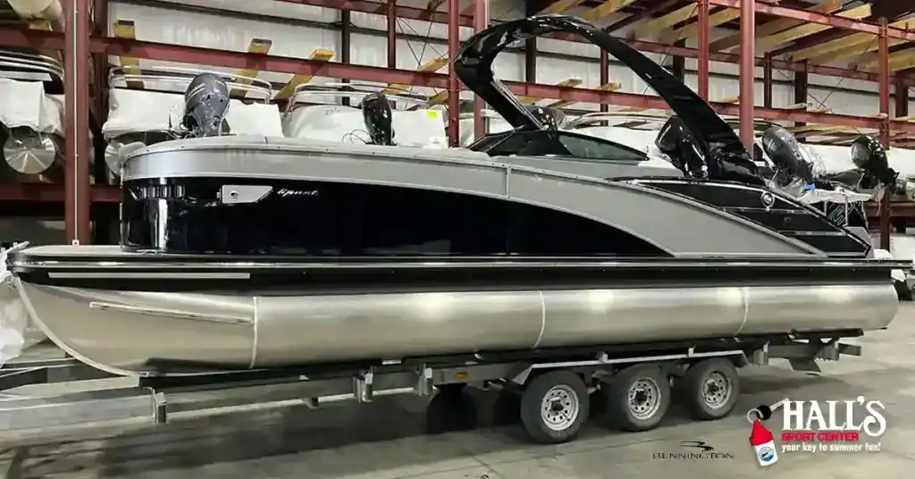Boat at Hall's Sport Center warehouse, ready for delivery or storage.