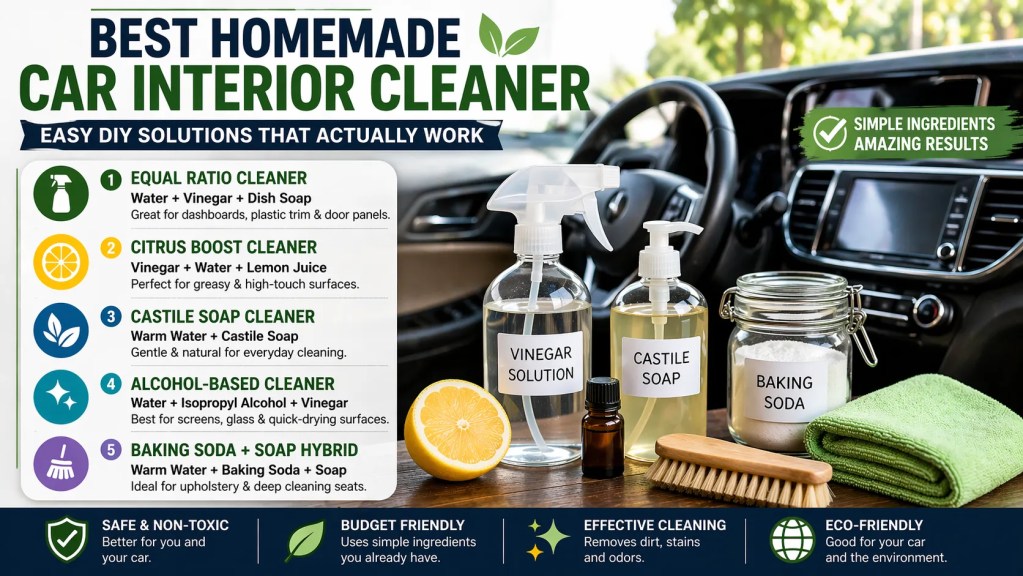 best homemade car interior cleaner DIY infographic for seats dashboard and stains