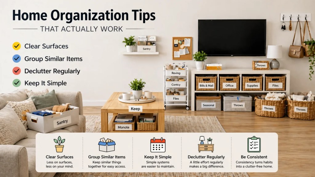 Home organization tips that actually work with clean and organized living room and smart storage solutions