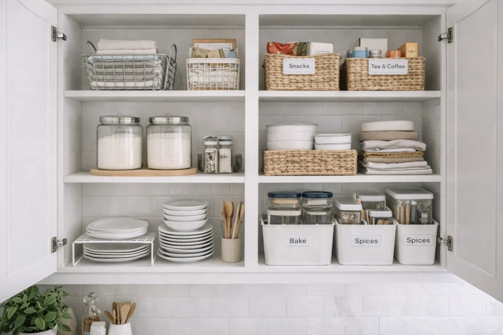 Kitchen cabinet organization ideas with shelves, containers, and smart storage solutions for clean kitchen