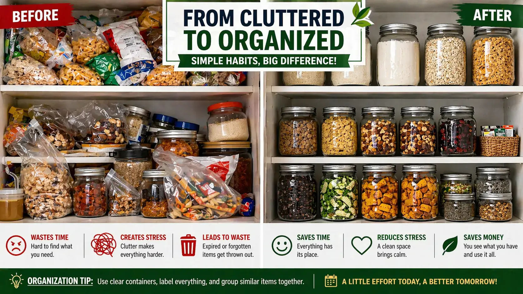 pantry organization before and after using jars clean and clutter free storage