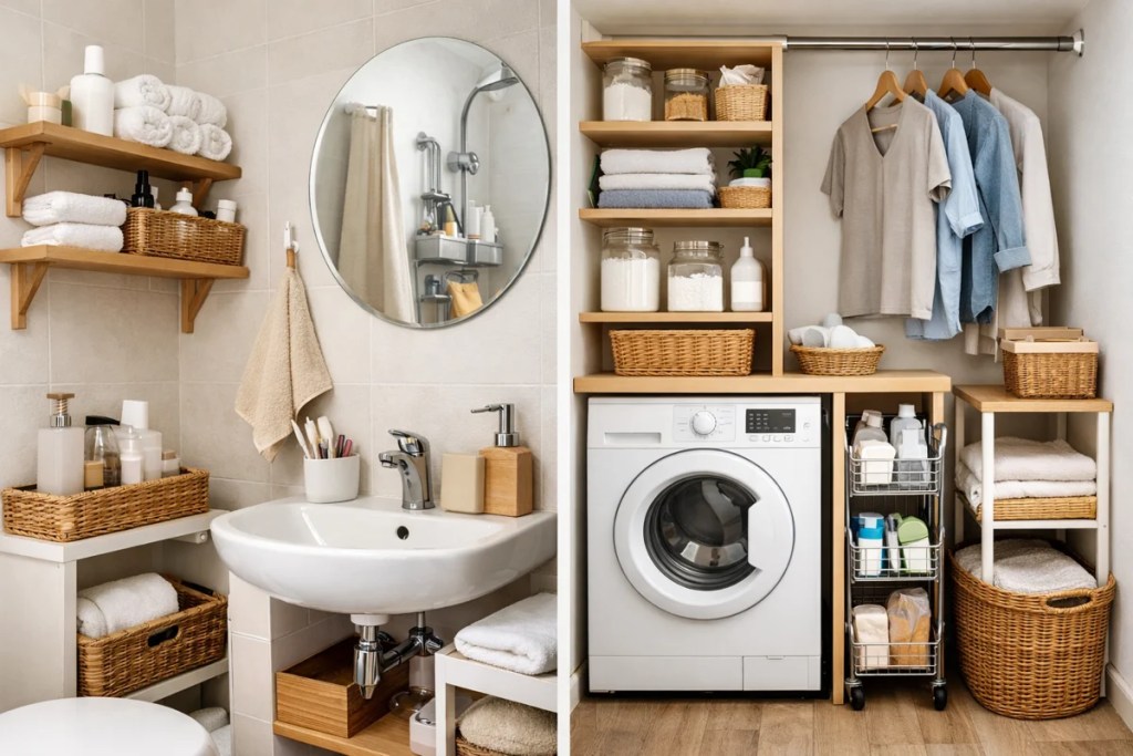 Small bathroom and laundry room organization ideas for tiny spaces with clean and minimalist design
