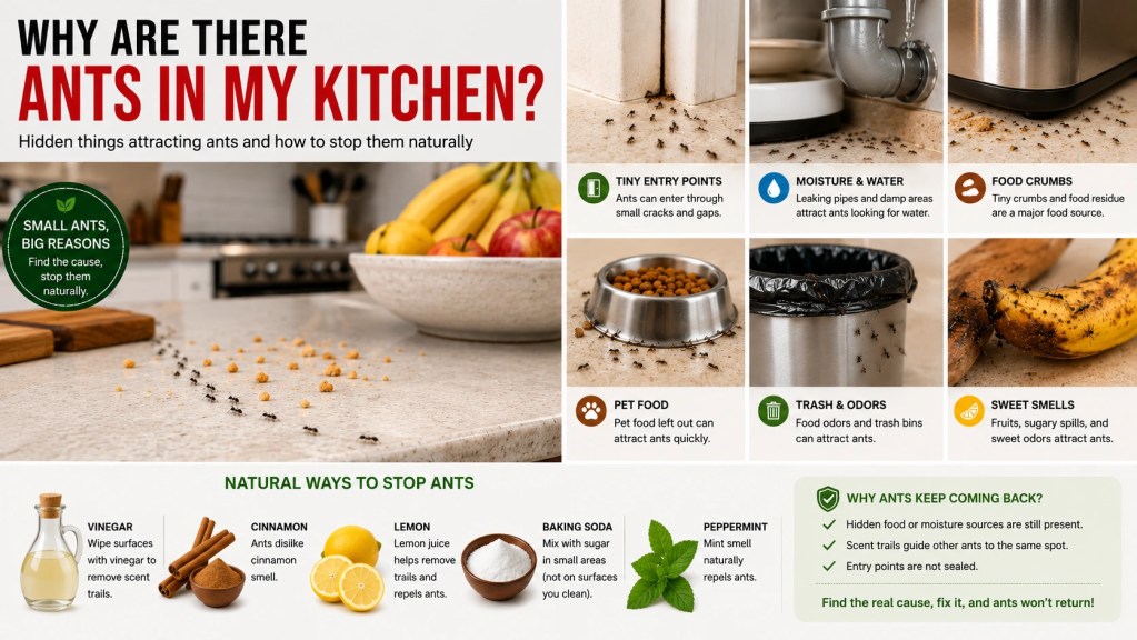 Ants in a kitchen near crumbs, fruit, trash, moisture, and pet food explaining hidden things that attract ants indoors