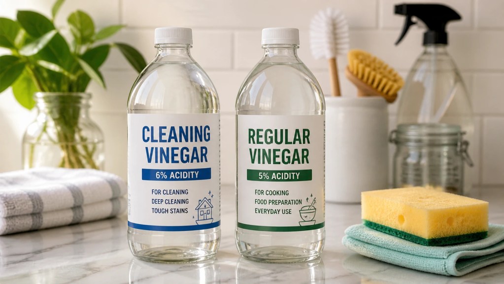 cleaning vinegar and regular white vinegar bottles side by side with household cleaning supplies