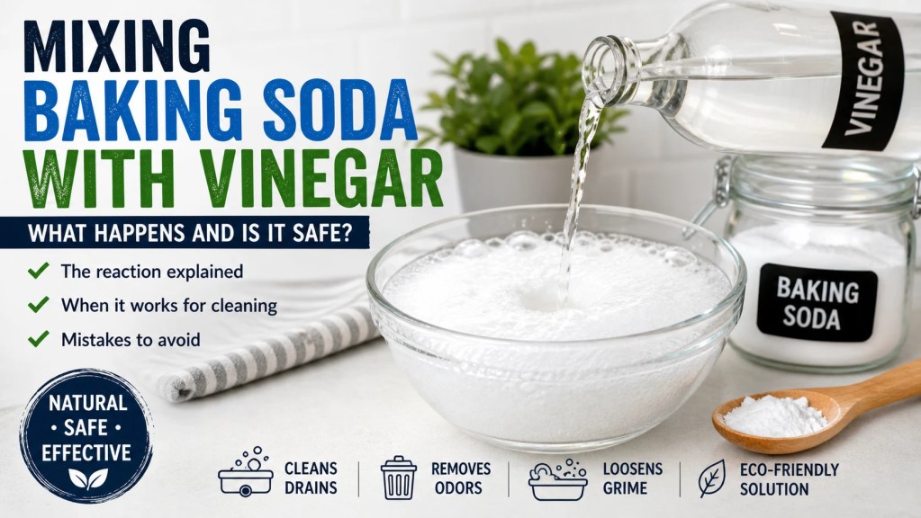 mixing baking soda with vinegar in a bowl during household cleaning