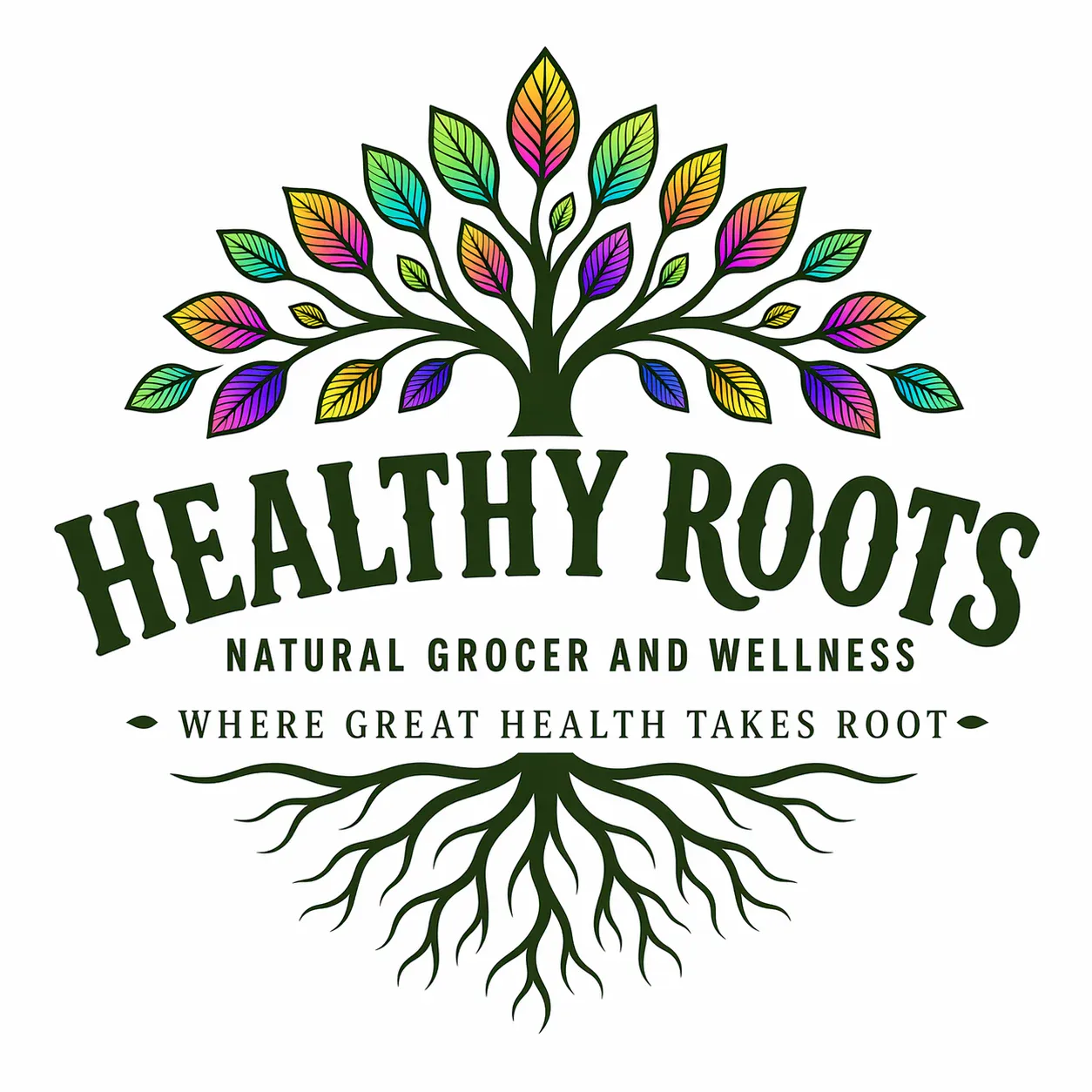 Healthy Roots logo with colorful leaf tree and roots for wellness.