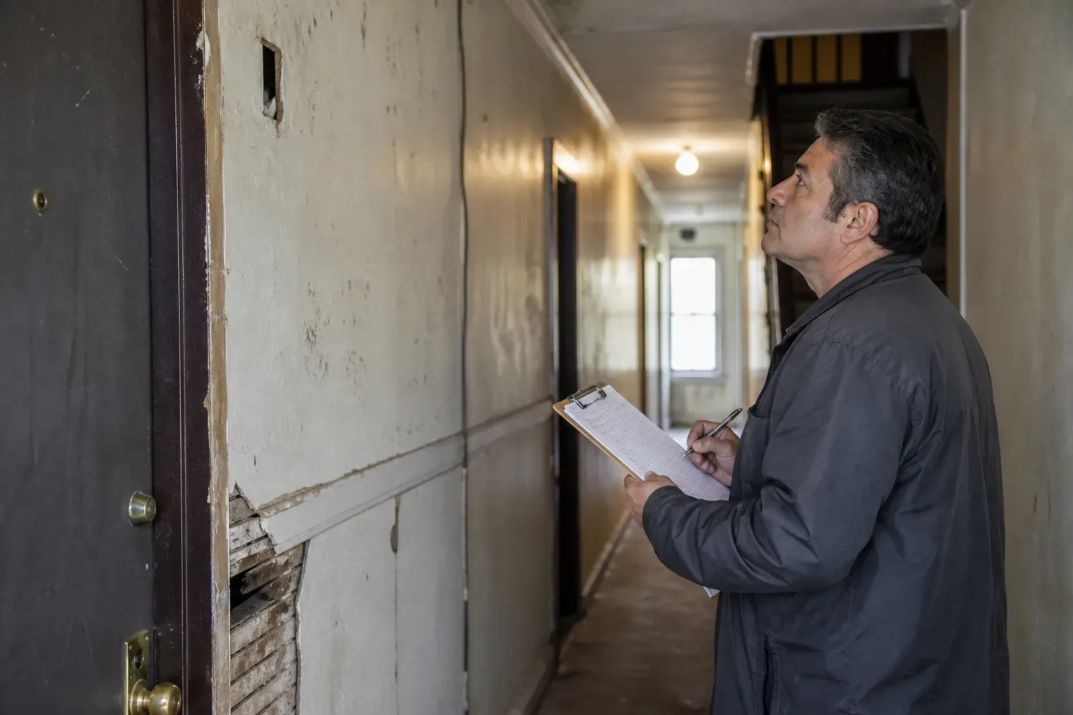 Municipal code enforcement inspector reviewing apartment habitability conditions