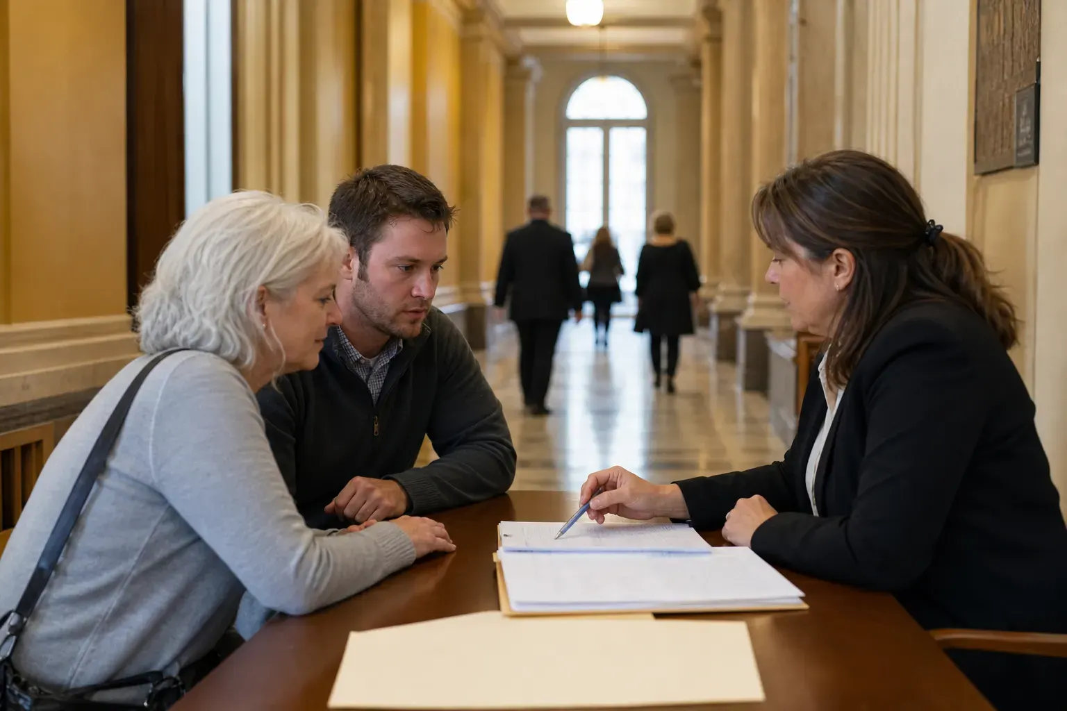 Family meeting with a court clerk about emergency guardianship paperwork