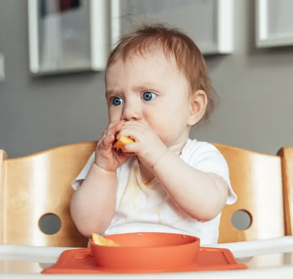 toddler eating a piece of fruit