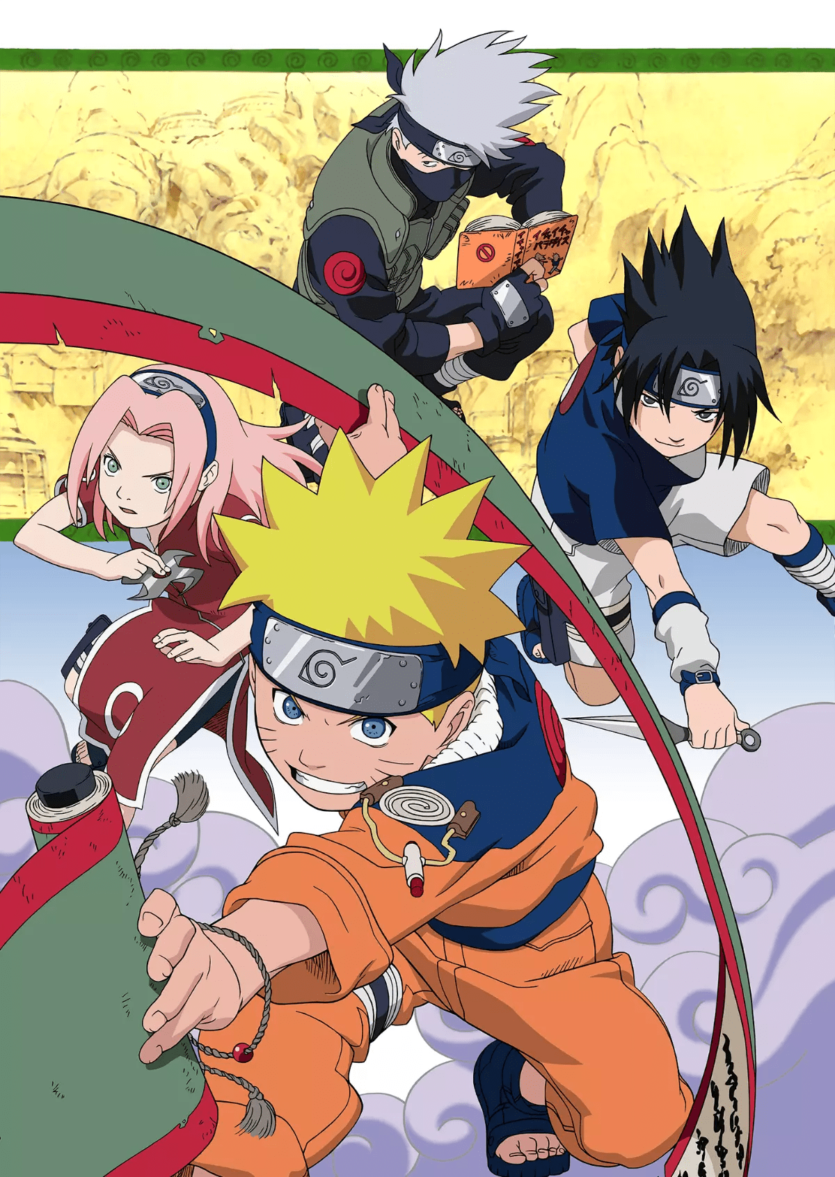 Equipo 7: Naruto, Sasuke y Sakura junto a su sensei Kakashi posan con actitud decidida