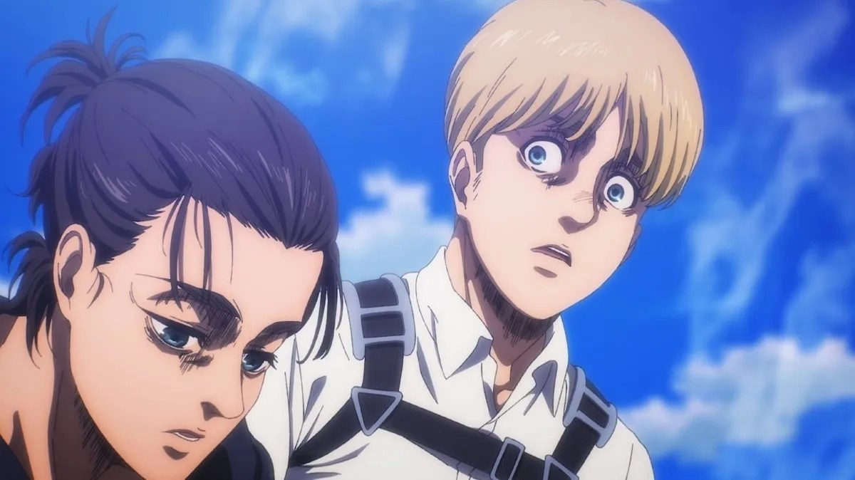 Eren y Armin con camisa blanca mirando al horizonte – Attack on Titan