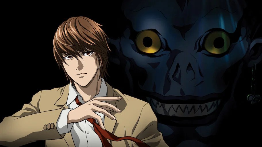 Light Yagami sosteniendo la Death Note con Ryuk a sus espaldas – Death Note.
