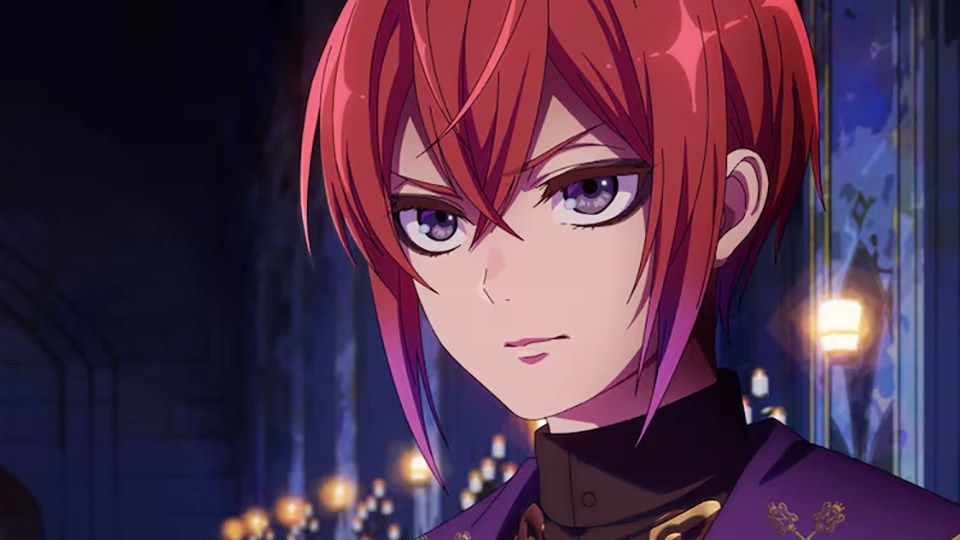 Key visual oficial de Twisted-Wonderland: Yuken Enma rodeado de los estudiantes del dormitorio Heartslabyul, predominio de rojos y negros